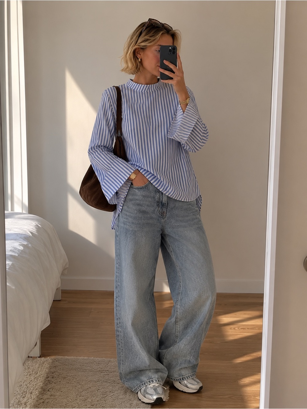 Blue & White Striped Bell-Sleeve Blouse